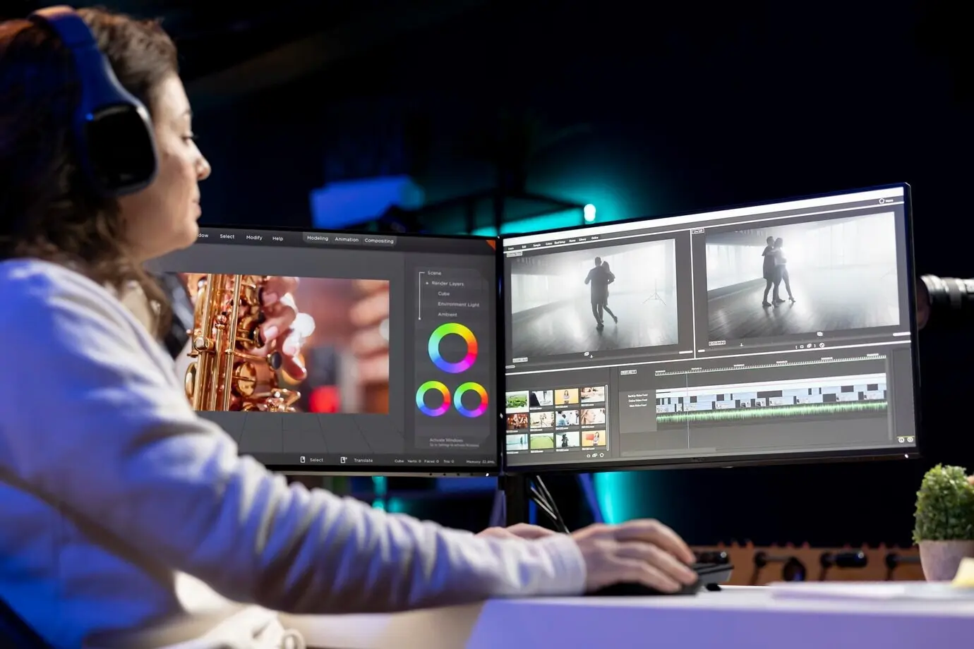 Ein Postproduktionsspezialist nutzt Kopfhörer, um die Audioqualität zu testen und zu verbessern.